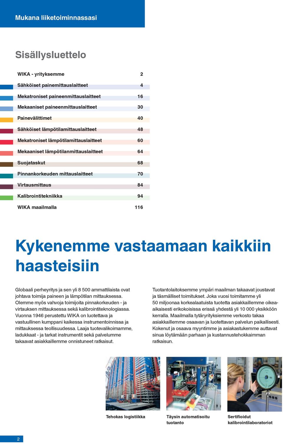 Kalibrointitekniikka 94 WIKA maailmalla 116 Kykenemme vastaamaan kaikkiin haasteisiin Globaali perheyritys ja sen yli 8 500 ammattilaista ovat johtava toimija paineen ja lämpötilan mittauksessa.
