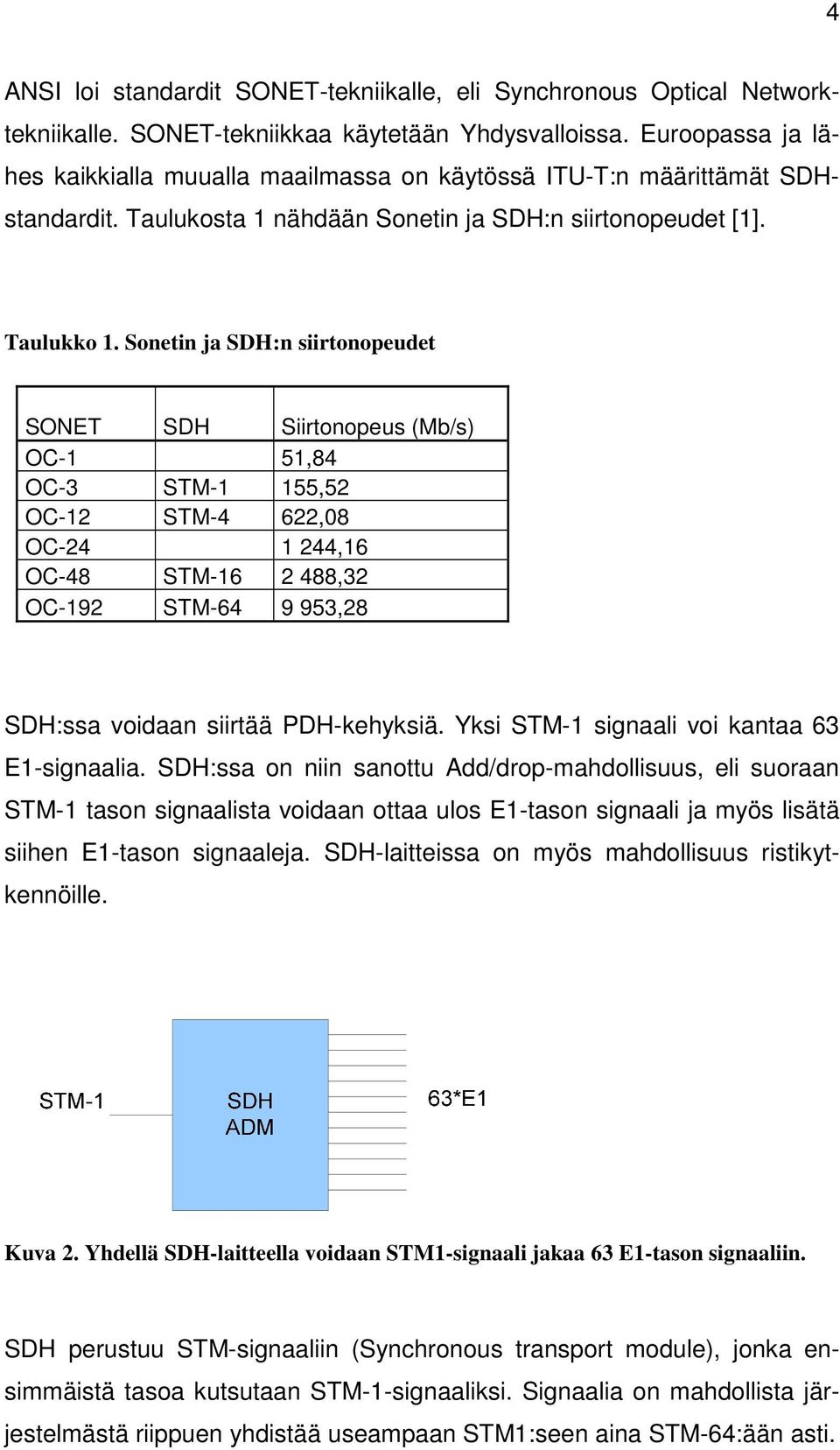 Sonetin ja SDH:n siirtonopeudet SONET SDH Siirtonopeus (Mb/s) OC-1 51,84 OC-3 STM-1 155,52 OC-12 STM-4 622,08 OC-24 1 244,16 OC-48 STM-16 2 488,32 OC-192 STM-64 9 953,28 SDH:ssa voidaan siirtää