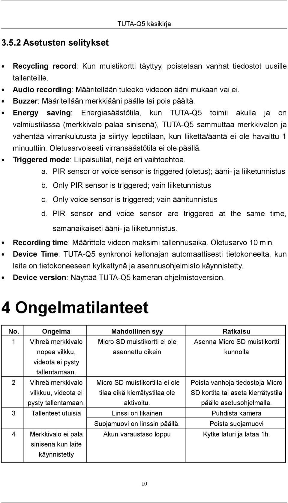 Energy saving: Energiasäästötila, kun TUTA-Q5 toimii akulla ja on valmiustilassa (merkkivalo palaa sinisenä), TUTA-Q5 sammuttaa merkkivalon ja vähentää virrankulutusta ja siirtyy lepotilaan, kun