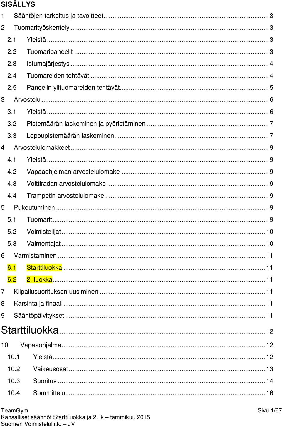 .. 9 4.3 Volttiradan arvostelulomake... 9 4.4 Trampetin arvostelulomake... 9 5 Pukeutuminen... 9 5.1 Tuomarit... 9 5.2 Voimistelijat... 10 5.3 Valmentajat... 10 6 Varmistaminen... 11 6.