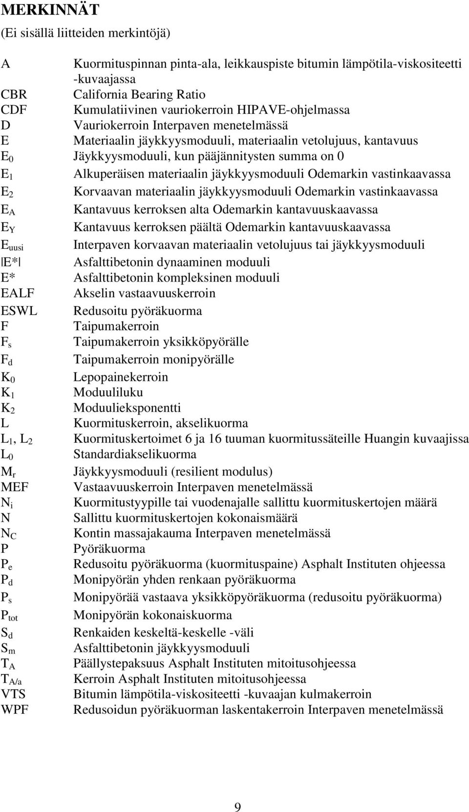 materiaalin jäykkyysmoduuli Odemarkin vastinkaavassa E 2 Korvaavan materiaalin jäykkyysmoduuli Odemarkin vastinkaavassa E A Kantavuus kerroksen alta Odemarkin kantavuuskaavassa E Y Kantavuus