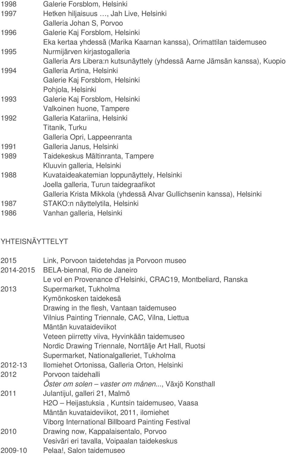 1993 Galerie Kaj Forsblom, Helsinki Valkoinen huone, Tampere 1992 Galleria Katariina, Helsinki Titanik, Turku Galleria Opri, Lappeenranta 1991 Galleria Janus, Helsinki 1989 Taidekeskus Mältinranta,