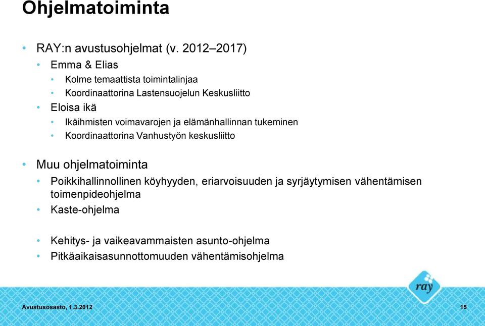 Ikäihmisten voimavarojen ja elämänhallinnan tukeminen Koordinaattorina Vanhustyön keskusliitto Muu ohjelmatoiminta