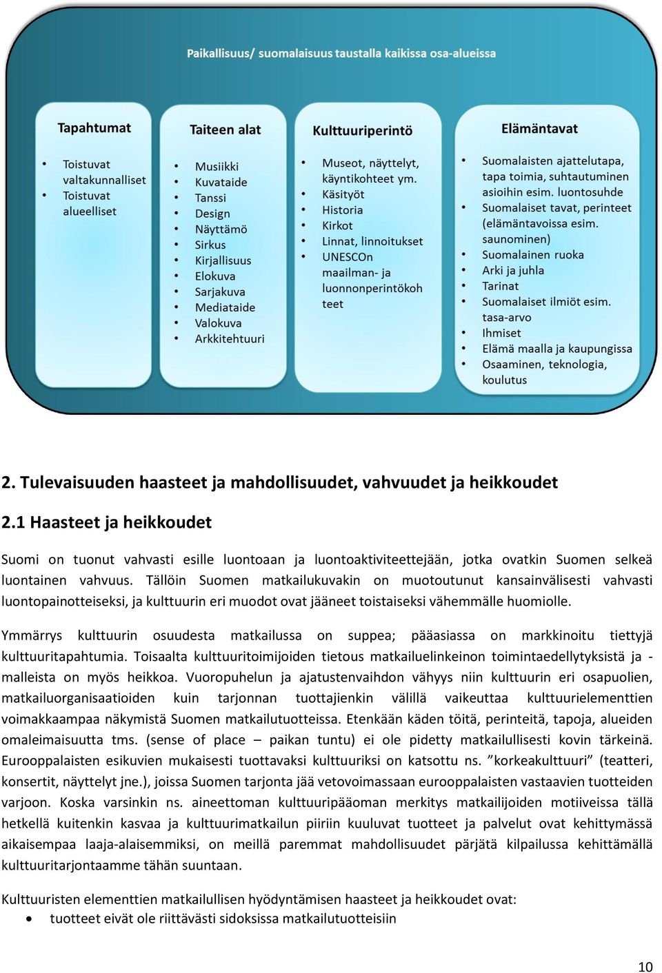 Tällöin Suomen matkailukuvakin on muotoutunut kansainvälisesti vahvasti luontopainotteiseksi, ja kulttuurin eri muodot ovat jääneet toistaiseksi vähemmälle huomiolle.