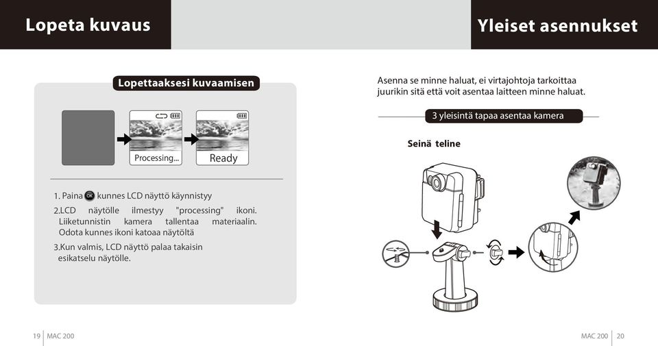 Paina kunnes LCD näyttö käynnistyy 2.LCD näytölle ilmestyy "processing" ikoni.