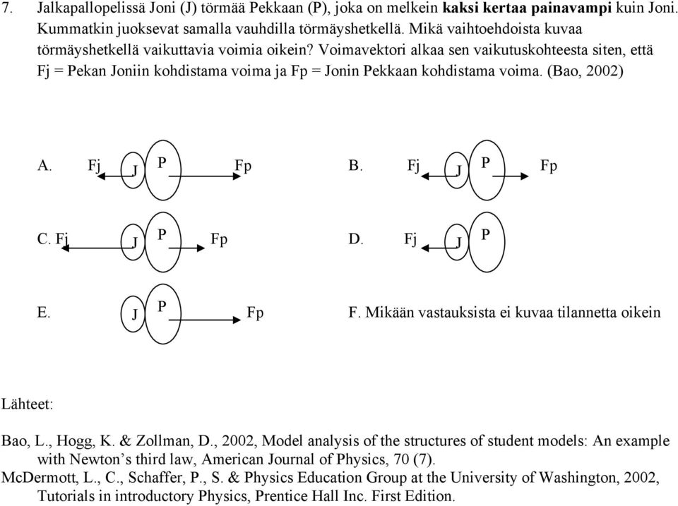 (Bao, 2002) A. Fj P Fp B. Fj P Fp C. Fj P Fp D. Fj P E. P Fp F. Mikään vastauksista ei kuvaa tilannetta oikein Lähteet: Bao, L., Hogg, K. & Zollman, D.