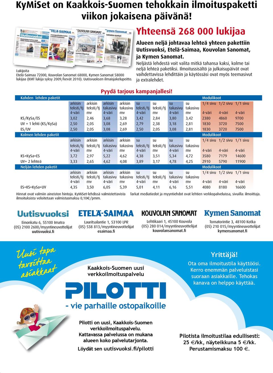 Kahden lehden paketit Modulikoot arkisin arkisin arkisin arkisin su su su su 1/4 sivu 1/2 sivu 1/1 sivu teksti/tj teksti/tj takasivu takasivu teksti/tj teksti/tj takasivu takasivu 4-väri mv 4-väri mv