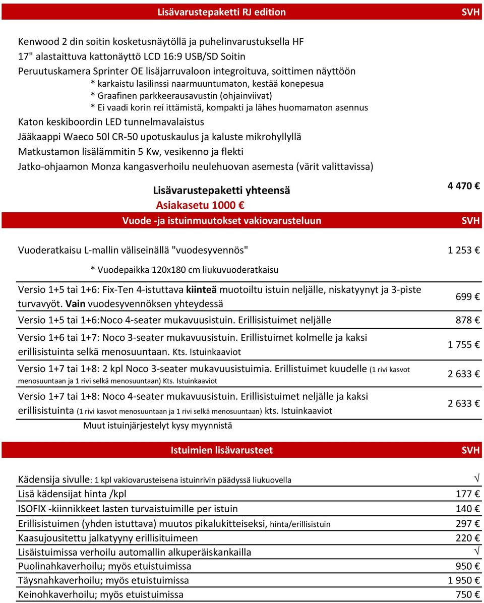 asennus Katon keskiboordin LED tunnelmavalaistus Jääkaappi Waeco 50l CR 50 upotuskaulus ja kaluste mikrohyllyllä Matkustamon lisälämmitin 5 Kw, vesikenno ja flekti Jatko ohjaamon Monza kangasverhoilu