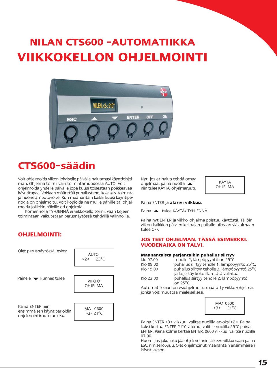 Kun maanantain kaikki kuusi käyntiperiodia on ohjelmoitu, voit kopioida ne muille päiville tai ohjelmoida joillekin päiville eri ohjelmia.