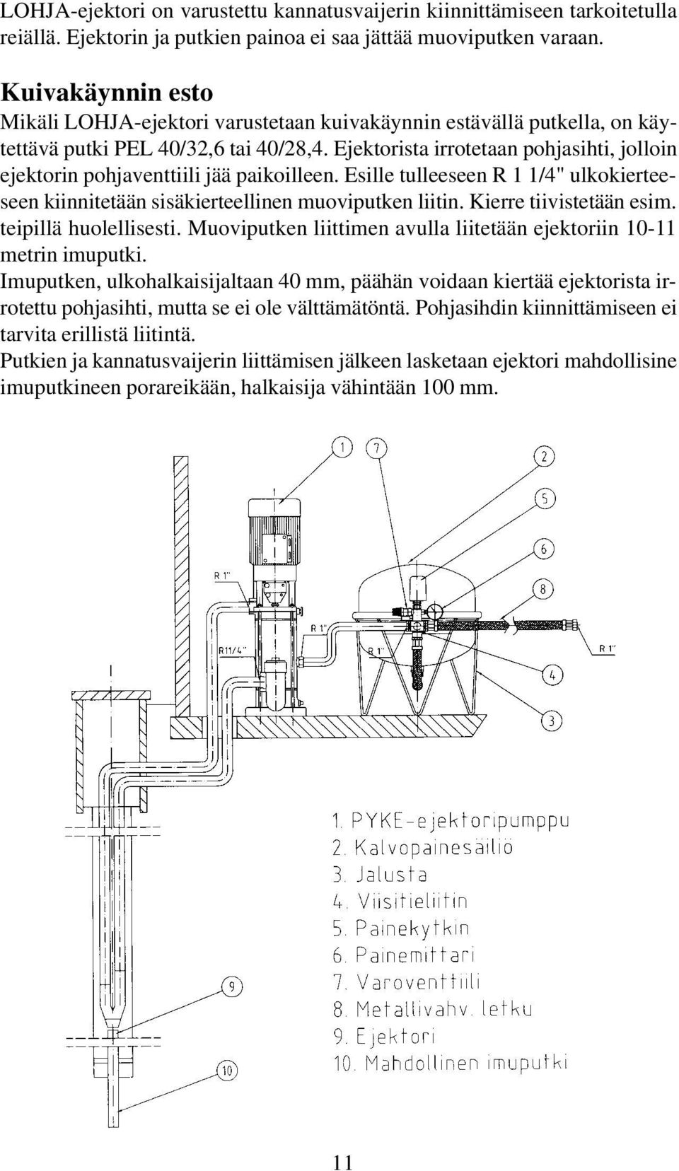 Ejektorista irrotetaan pohjasihti, jolloin ejektorin pohjaventtiili jää paikoilleen. Esille tulleeseen R 1 1/4" ulkokierteeseen kiinnitetään sisäkierteellinen muoviputken liitin.