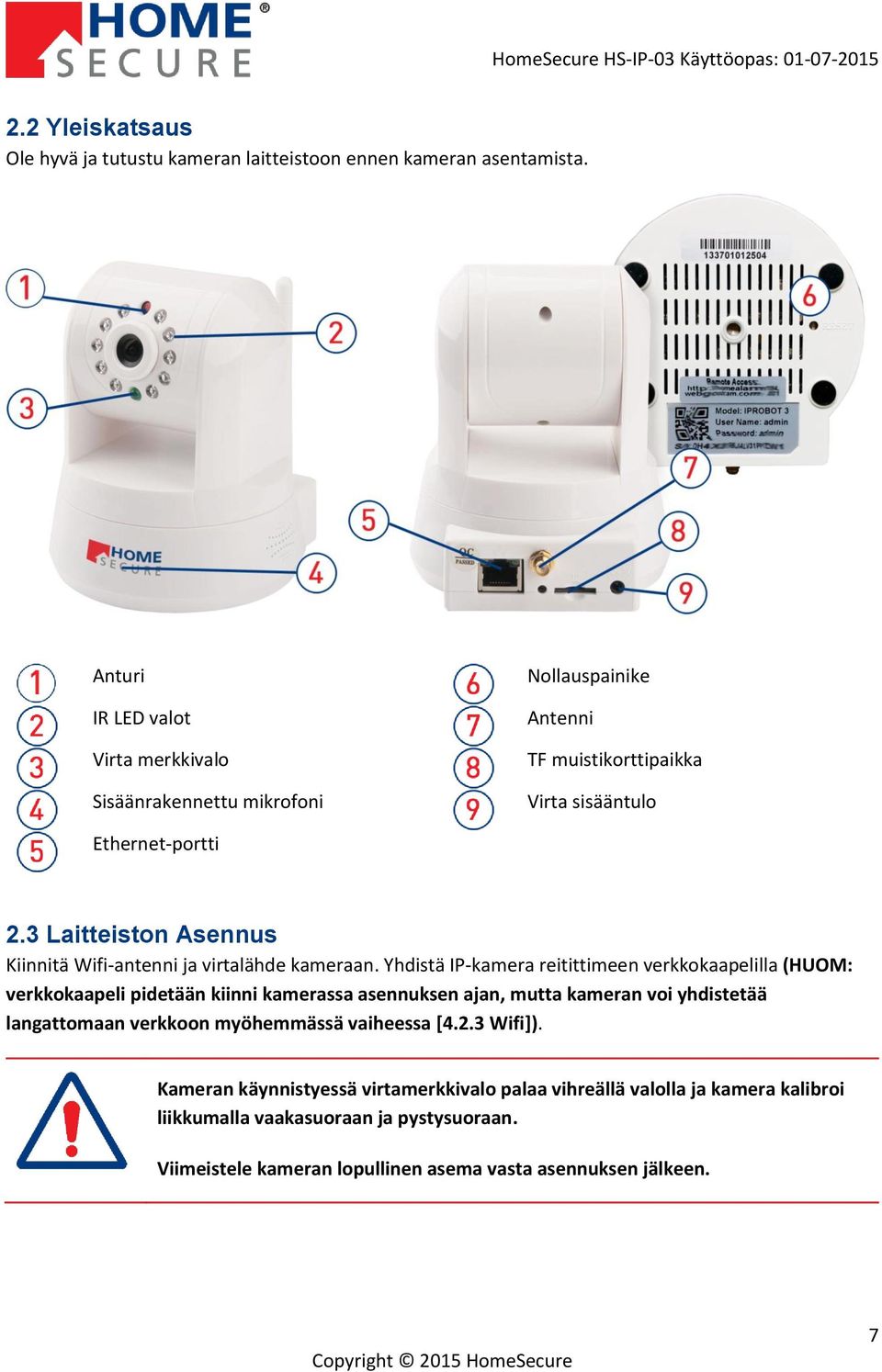 3 Laitteiston Asennus Kiinnitä Wifi-antenni ja virtalähde kameraan.