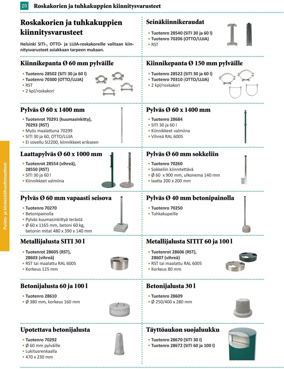 Kiinnikepanta Ø 150 mm pylväille Tuotenro 28522 (SITI 30 ja 60 l) Tuotenro 70310 (OTTO/LUJA) 2 kpl/roskakori Pylväs Ø 60 x 1400 mm Tuotenrot 70291 (kuumasinkitty), 70293 (RST) Myös maalattuna 70299