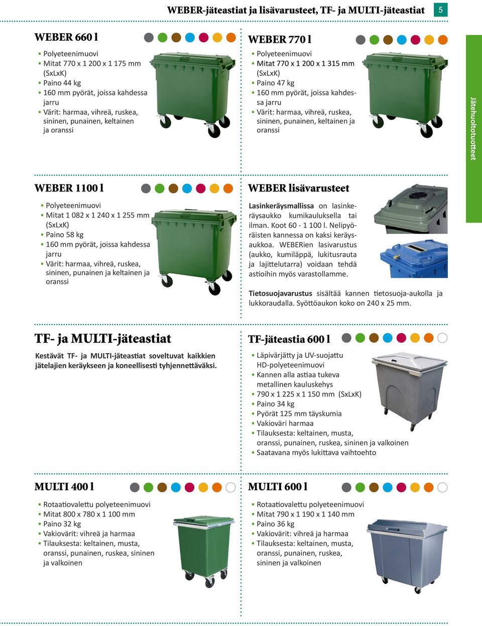 sininen, punainen, keltainen ja oranssi Jätehuoltotuotteet WEBER 1100 l Polyeteenimuovi Mitat 1 082 x 1 240 x 1 255 mm (SxLxK) Paino 58 kg 160 mm pyörät, joissa kahdessa jarru Värit: harmaa, vihreä,