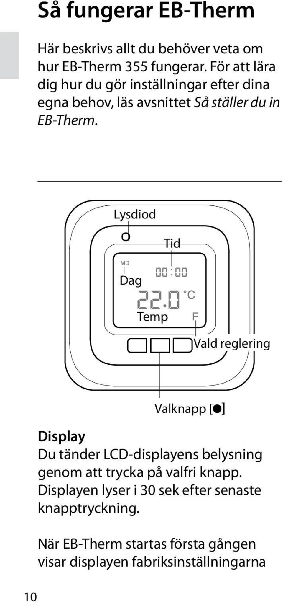 Lysdiod Tid Dag Temp Vald reglering 10 Valknapp [ ] Display Du tänder LCD-displayens belysning genom att trycka