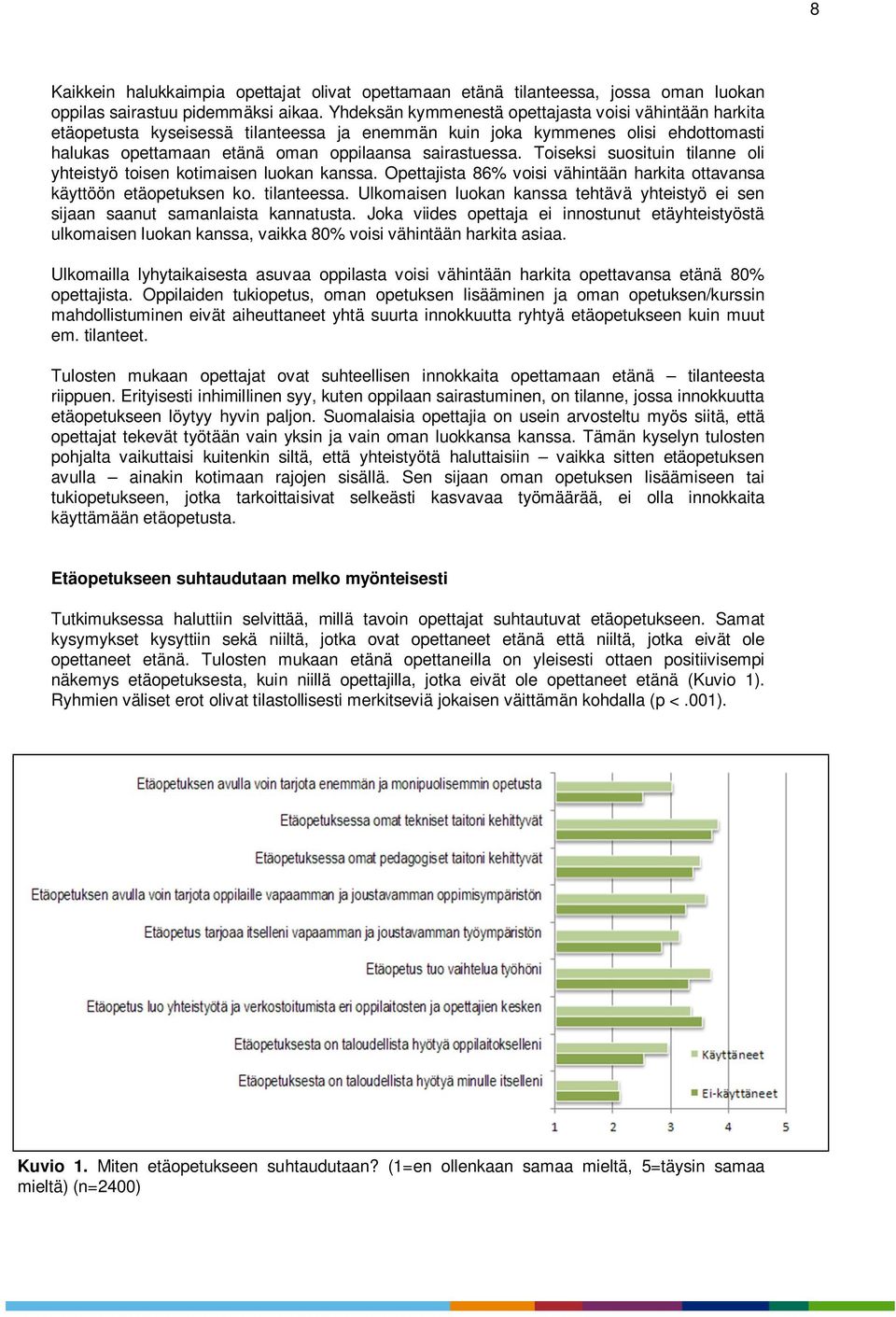 Toiseksi suosituin tilanne oli yhteistyö toisen kotimaisen luokan kanssa. Opettajista 86% voisi vähintään harkita ottavansa käyttöön etäopetuksen ko. tilanteessa.