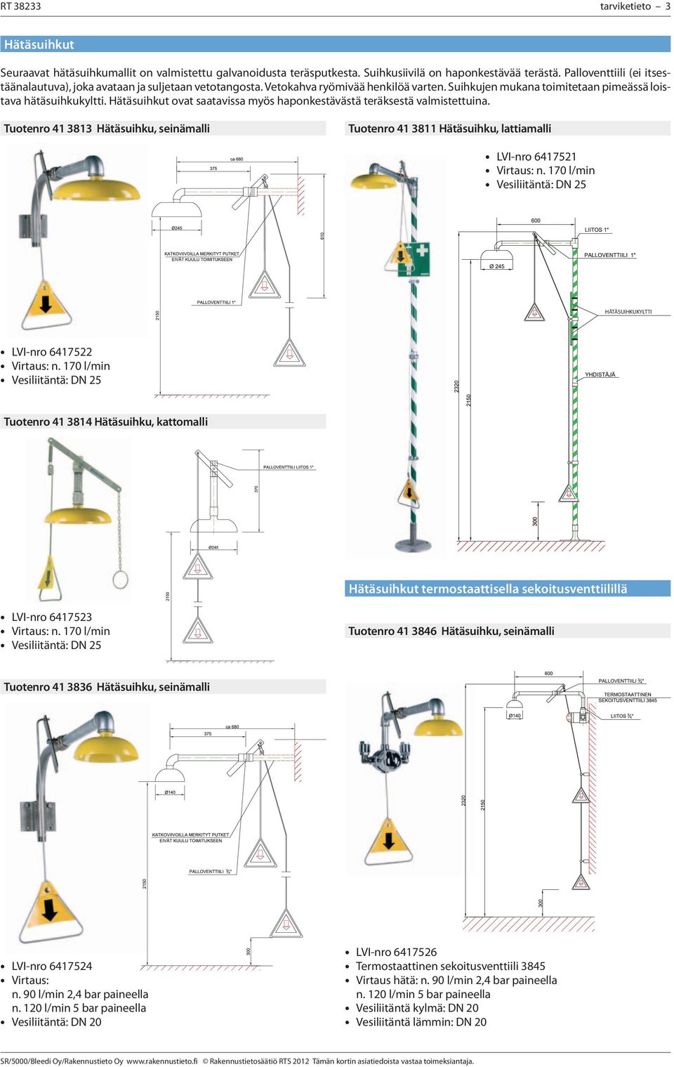 Hätäsuihkut ovat saatavissa myös haponkestävästä teräksestä valmistettuina. Tuotenro 41 3813 Hätäsuihku, seinämalli Tuotenro 41 3811 Hätäsuihku, lattiamalli LVI-nro 6417521 Virtaus: n.