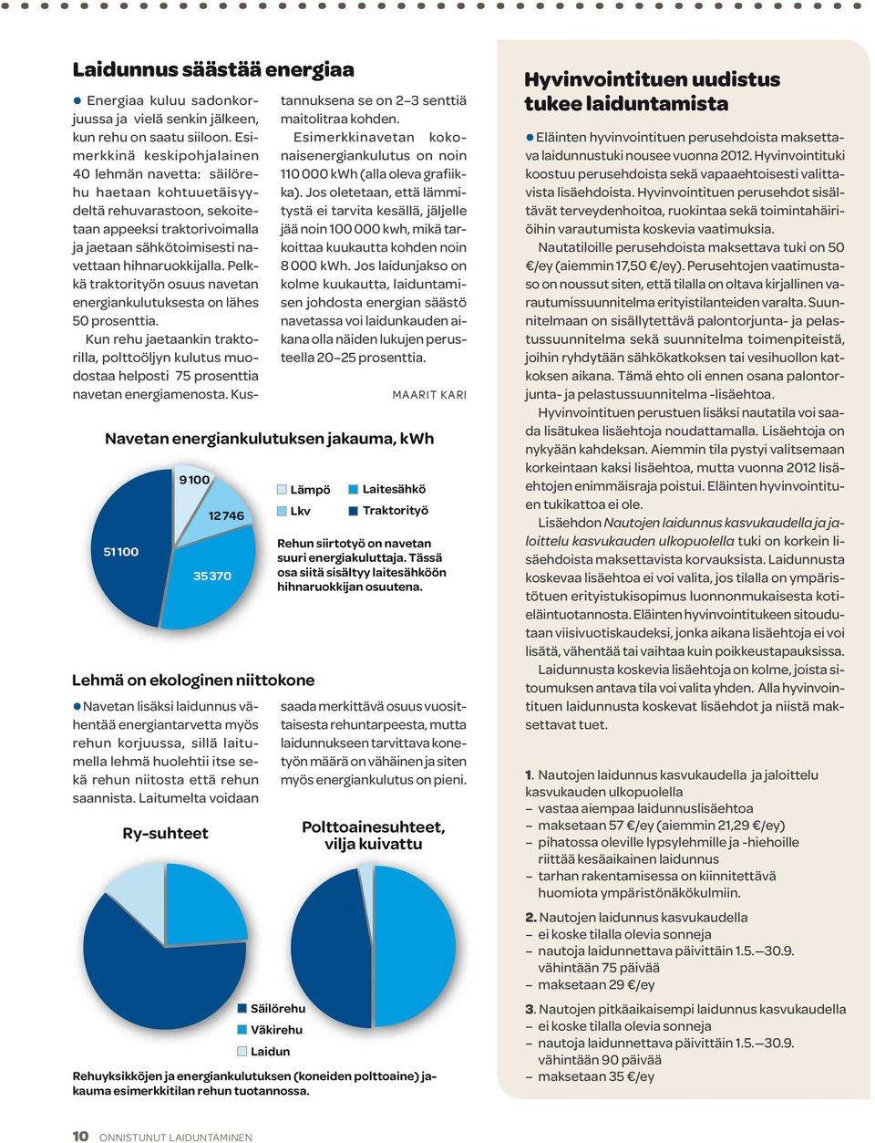 Pelkkä traktorityön osuus navetan energiankulutuksesta on lähes 50 prosenttia. Kun rehu jaetaankin traktorilla, polttoöljyn kulutus muodostaa helposti 75 prosenttia navetan energiamenosta.