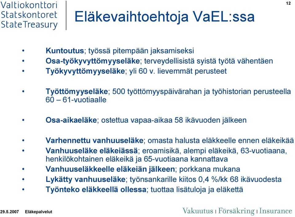 Varhennettu vanhuuseläke; omasta halusta eläkkeelle ennen eläkeikää Vanhuuseläke eläkeiässä; eroamisikä, alempi eläkeikä, 63-vuotiaana, henkilökohtainen eläkeikä ja