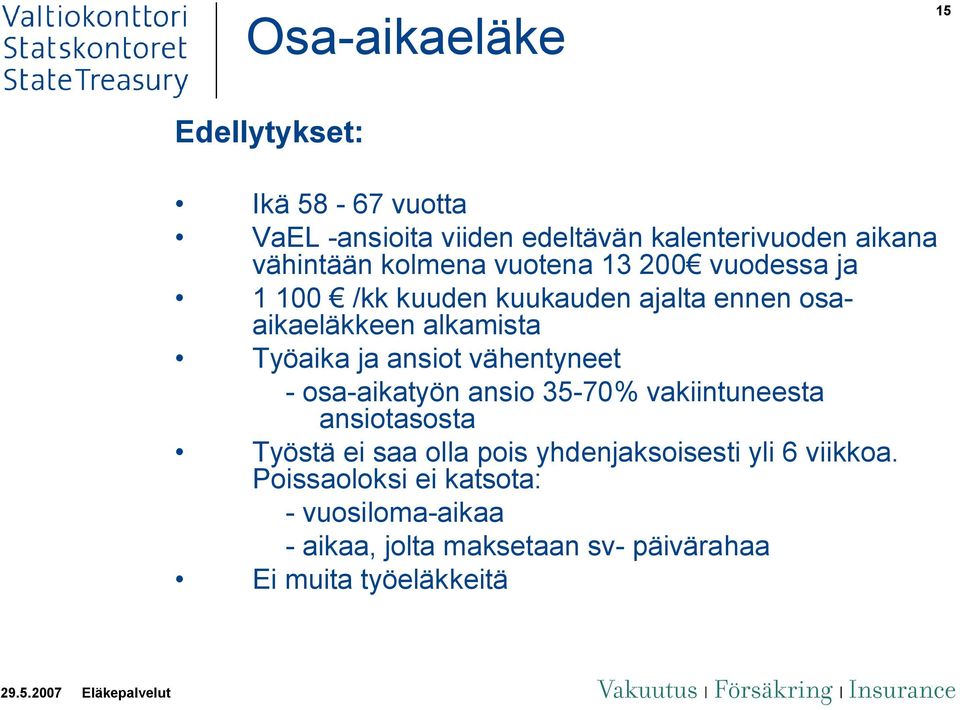 ansiot vähentyneet - osa-aikatyön ansio 35-70% vakiintuneesta ansiotasosta Työstä ei saa olla pois