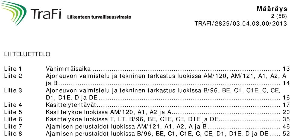 .. 17 Liite 5 Käsittelykoe luokissa AM/120, A1, A2 ja A... 20 Liite 6 Käsittelykoe luokissa T, LT, B/96, BE, C1E, CE, D1E ja DE.