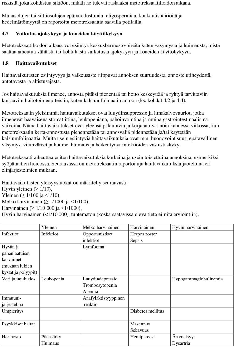 7 Vaikutus ajokykyyn ja koneiden käyttökykyyn Metotreksaattihoidon aikana voi esiintyä keskushermosto-oireita kuten väsymystä ja huimausta, mistä saattaa aiheutua vähäistä tai kohtalaista vaikutusta