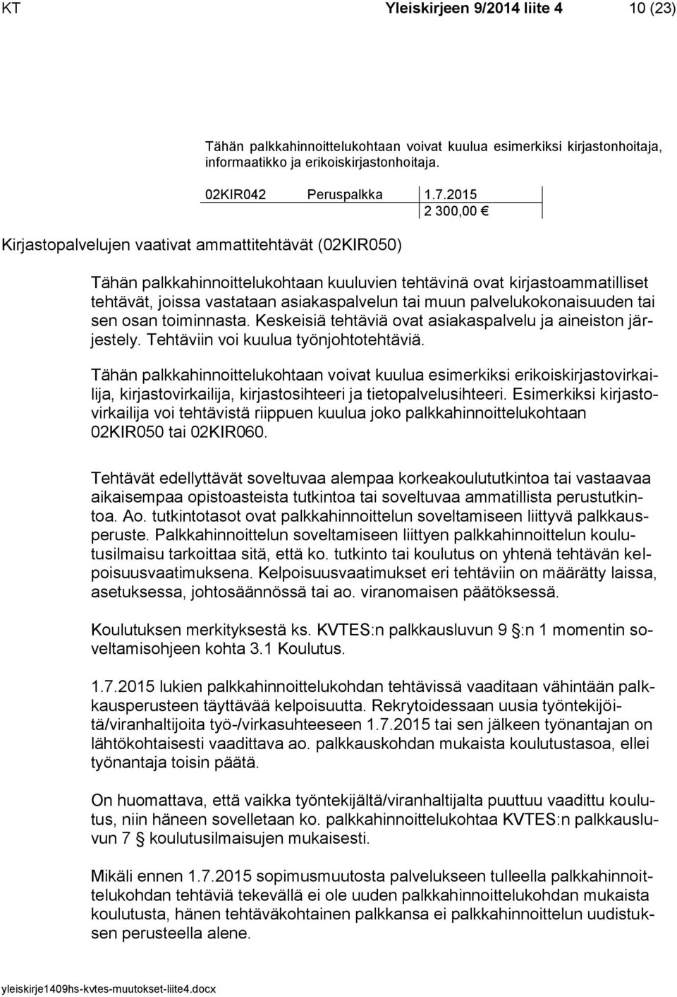 palvelukokonaisuuden tai sen osan toiminnasta. Keskeisiä tehtäviä ovat asiakaspalvelu ja aineiston järjestely. Tehtäviin voi kuulua työnjohtotehtäviä.