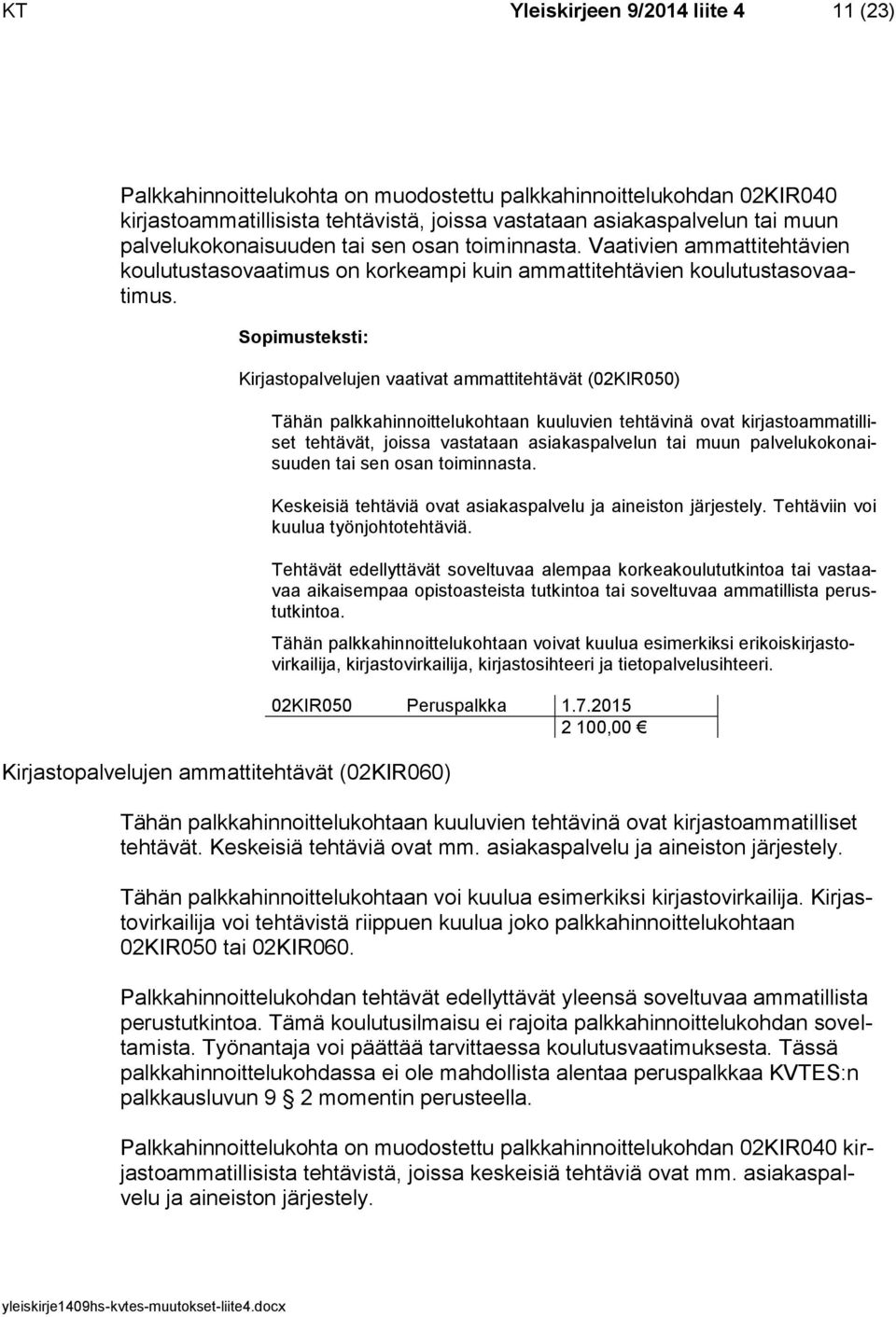 Kirjastopalvelujen ammattitehtävät (02KIR060) Kirjastopalvelujen vaativat ammattitehtävät (02KIR050) Tähän palkkahinnoittelukohtaan kuuluvien tehtävinä ovat kirjastoammatilliset tehtävät, joissa