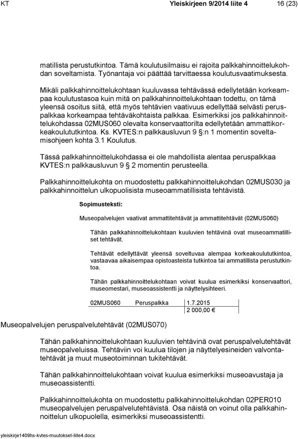 edellyttää selvästi peruspalkkaa korkeampaa tehtäväkohtaista palkkaa. Esimerkiksi jos palkkahinnoittelukohdassa 02MUS060 olevalta konservaattorilta edellytetään ammattikorkeakoulututkintoa. Ks.