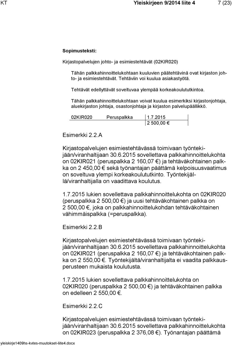 Tähän palkkahinnoittelukohtaan voivat kuulua esimerkiksi kirjastonjohtaja, aluekirjaston johtaja, osastonjohtaja ja kirjaston palvelupäällikkö. 02K