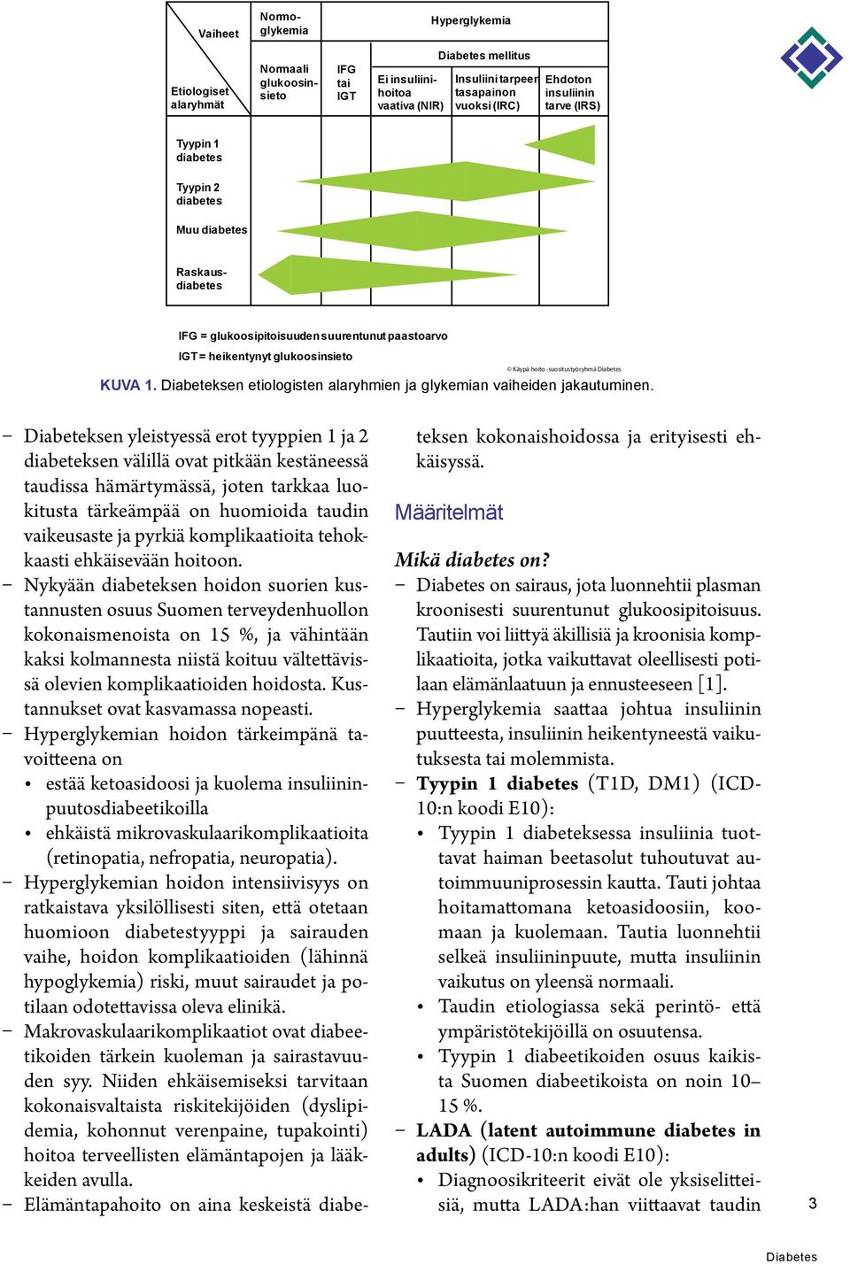 Diabeteksen etiologisten alaryhmien ja glykemian vaiheiden jakautuminen.