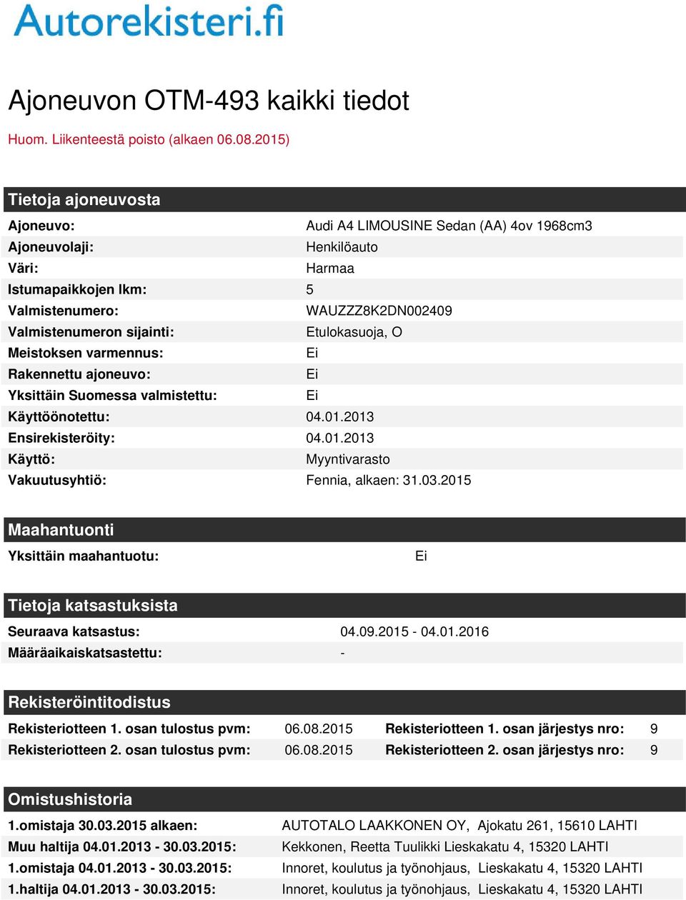 Etulokasuoja, O Meistoksen varmennus: Rakennettu ajoneuvo: Yksittäin Suomessa valmistettu: Käyttöönotettu: 04.01.2013 Ensirekisteröity: 04.01.2013 Käyttö: Myyntivarasto Vakuutusyhtiö: Fennia, alkaen: 31.