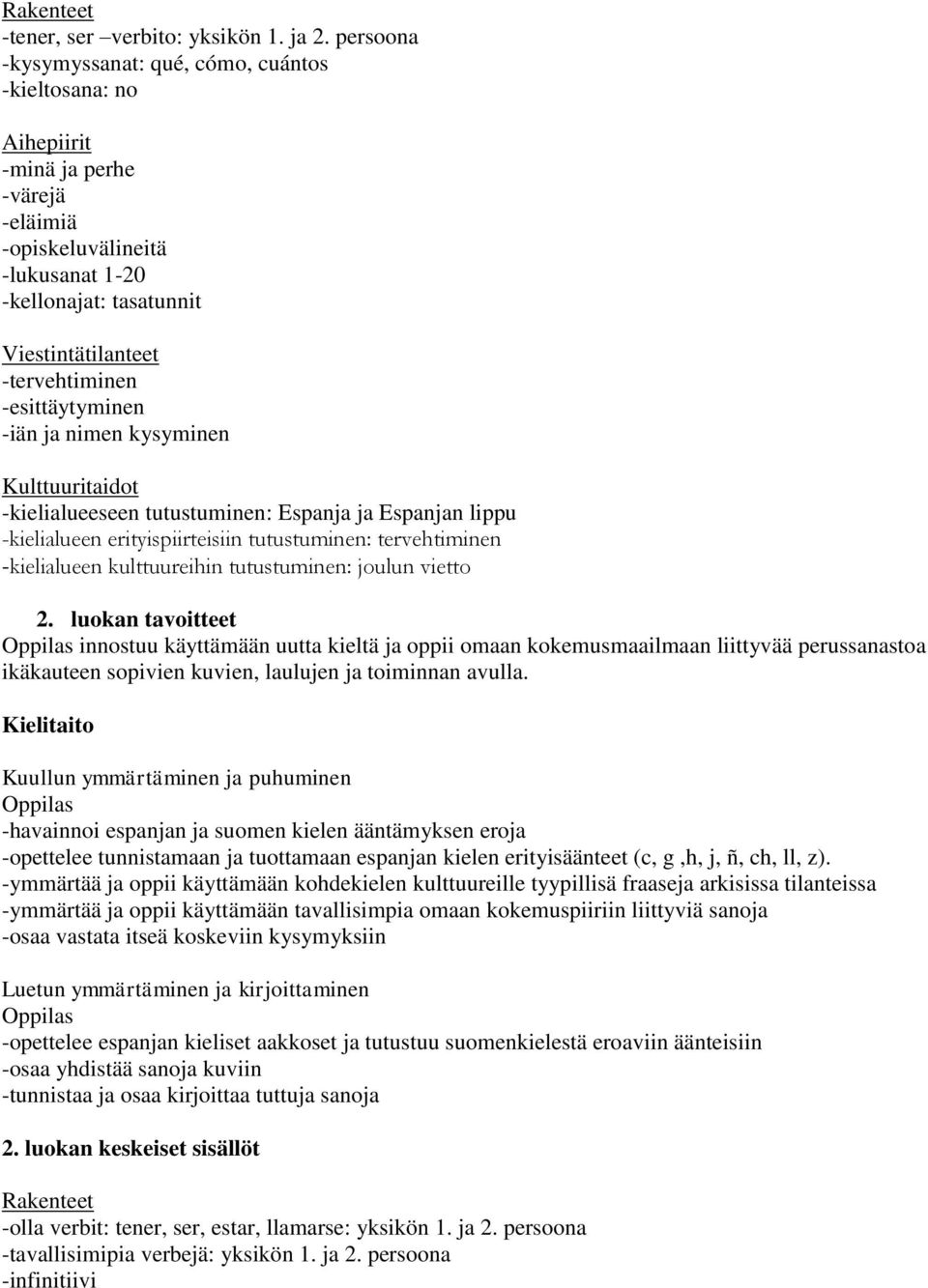 kysyminen -kielialueeseen tutustuminen: Espanja ja Espanjan lippu -kielialueen erityispiirteisiin tutustuminen: tervehtiminen -kielialueen kulttuureihin tutustuminen: joulun vietto 2.