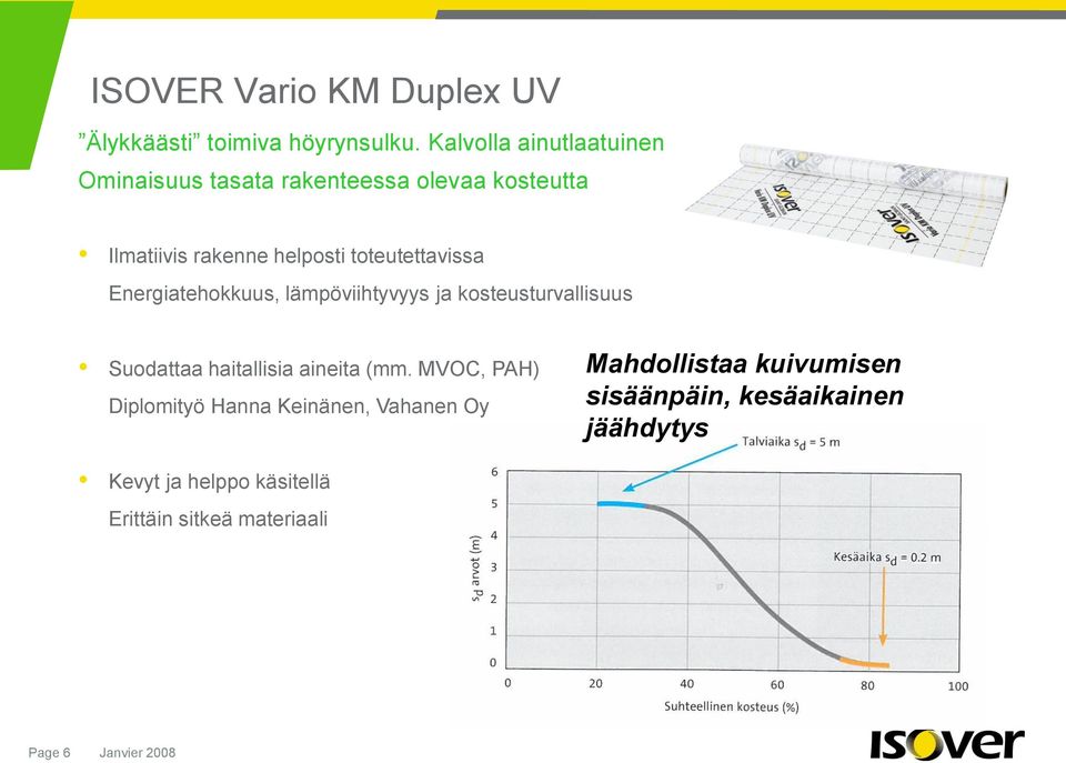 toteutettavissa Energiatehokkuus, lämpöviihtyvyys ja kosteusturvallisuus Suodattaa haitallisia aineita (mm.