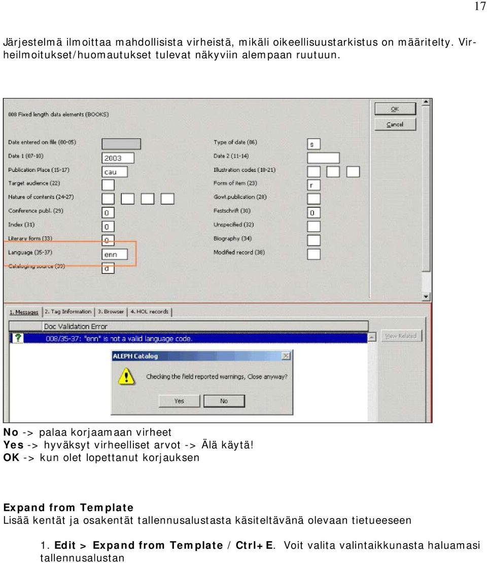 No -> palaa korjaamaan virheet Yes -> hyväksyt virheelliset arvot -> Älä käytä!