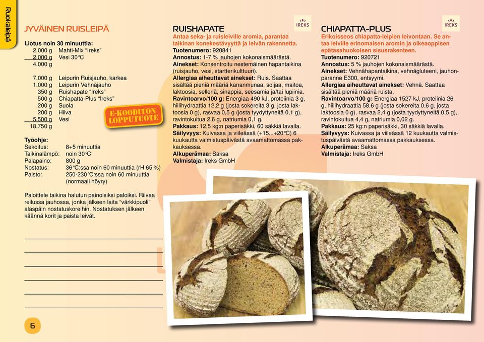 750 g Sekoitus: 8+5 minuuttia Taikinalämpö: noin 30 C Palapaino: 800 g Nostatus: 36 C:ssa noin 60 minuuttia (rh 65 %) Paisto: 250-230 C:ssa noin 60 minuuttia (normaali höyry) RUISHAPATE Antaa seka-