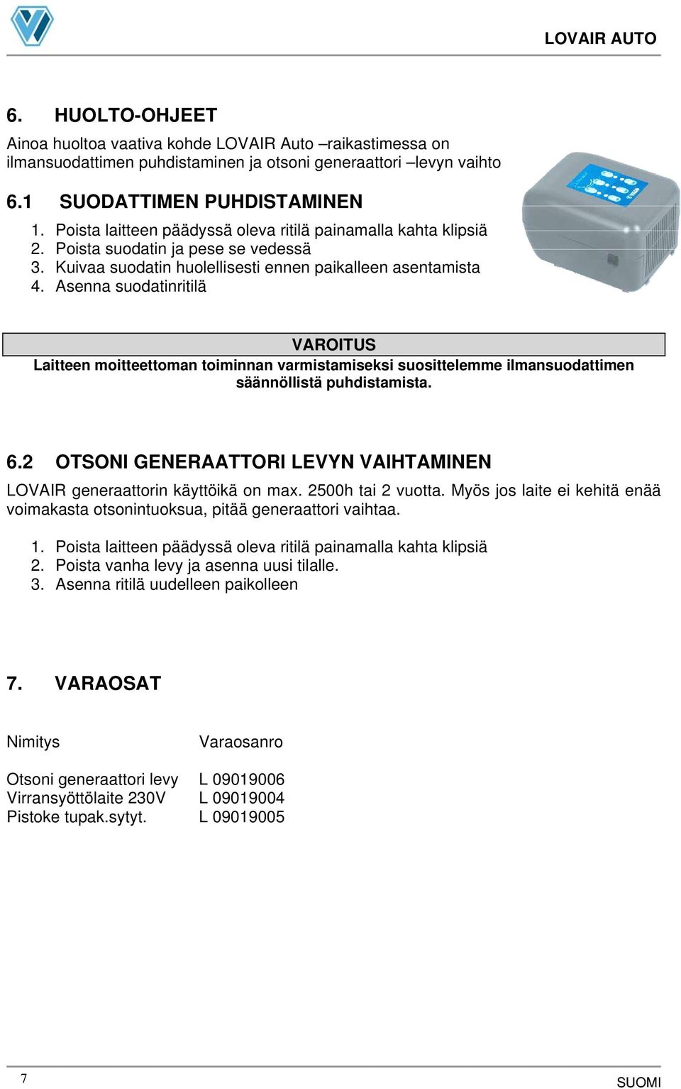 Asenna suodatinritilä Laitteen moitteettoman toiminnan varmistamiseksi suosittelemme ilmansuodattimen säännöllistä puhdistamista. 6.