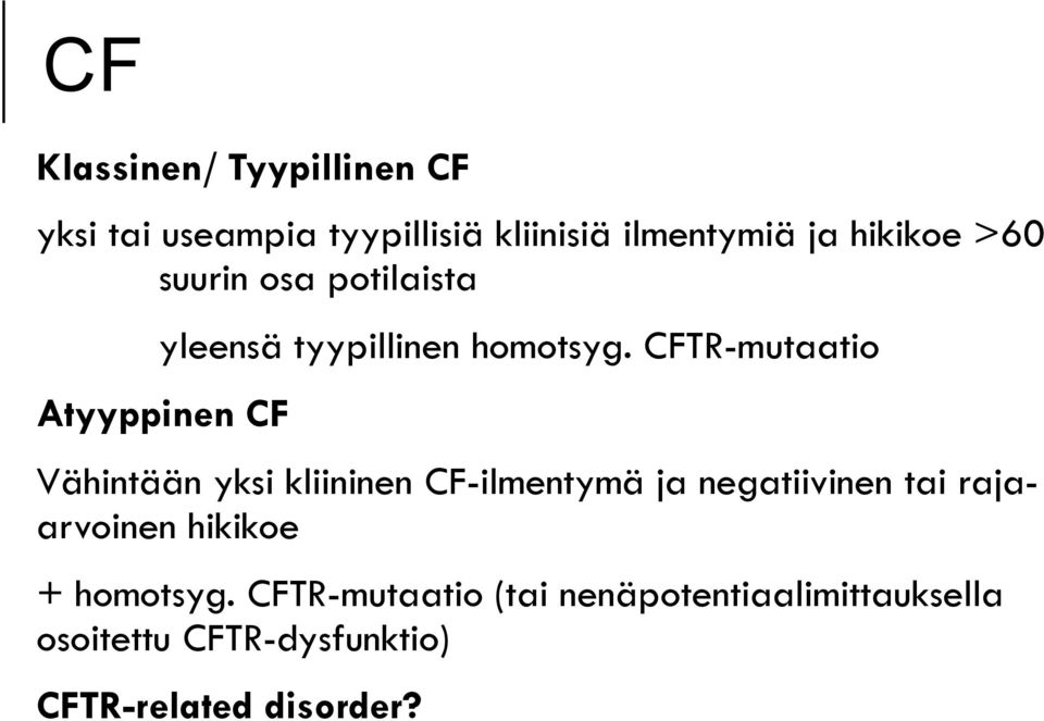 CFTR-mutaatio Atyyppinen CF Vähintään yksi kliininen CF-ilmentymä ja negatiivinen tai