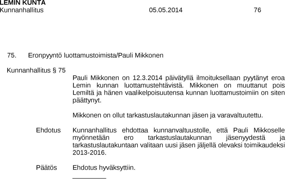 Mikkonen on muuttanut pois Lemiltä ja hänen vaalikelpoisuutensa kunnan luottamustoimiin on siten päättynyt.