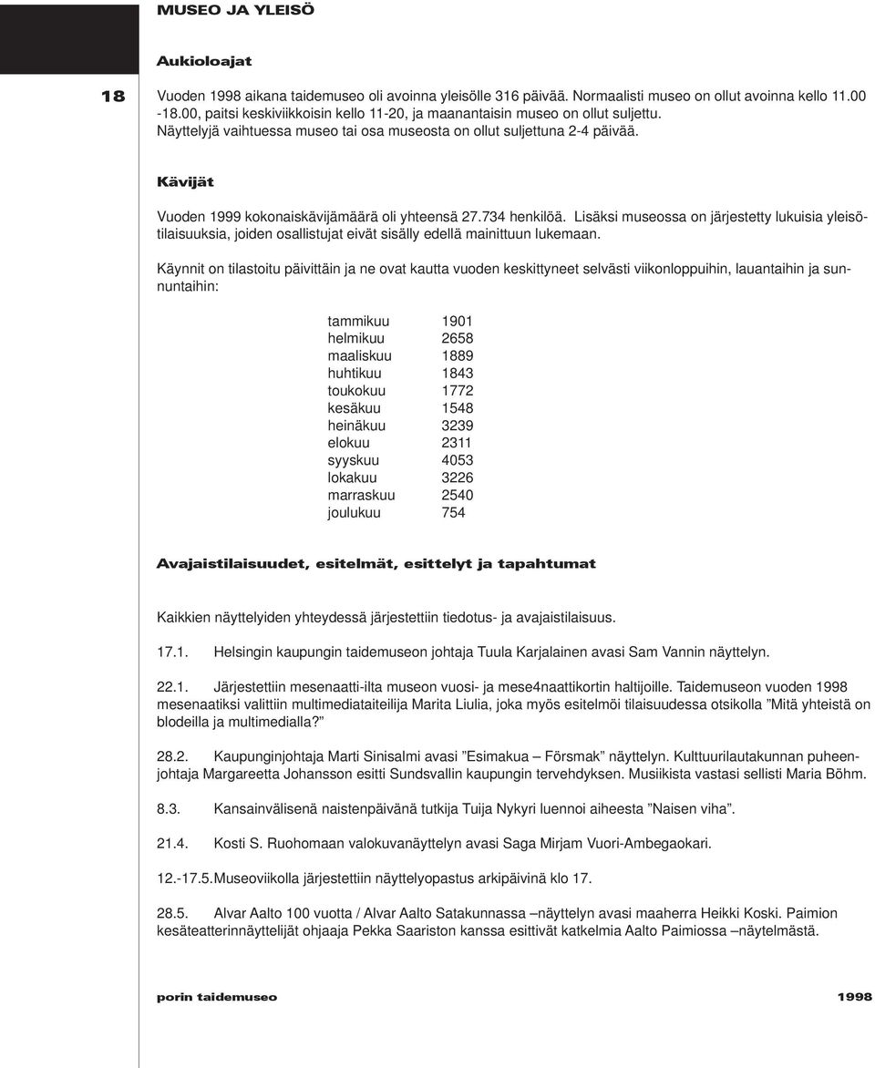 Kävijät Vuoden 1999 kokonaiskävijämäärä oli yhteensä 27.734 henkilöä. Lisäksi museossa on järjestetty lukuisia yleisötilaisuuksia, joiden osallistujat eivät sisälly edellä mainittuun lukemaan.