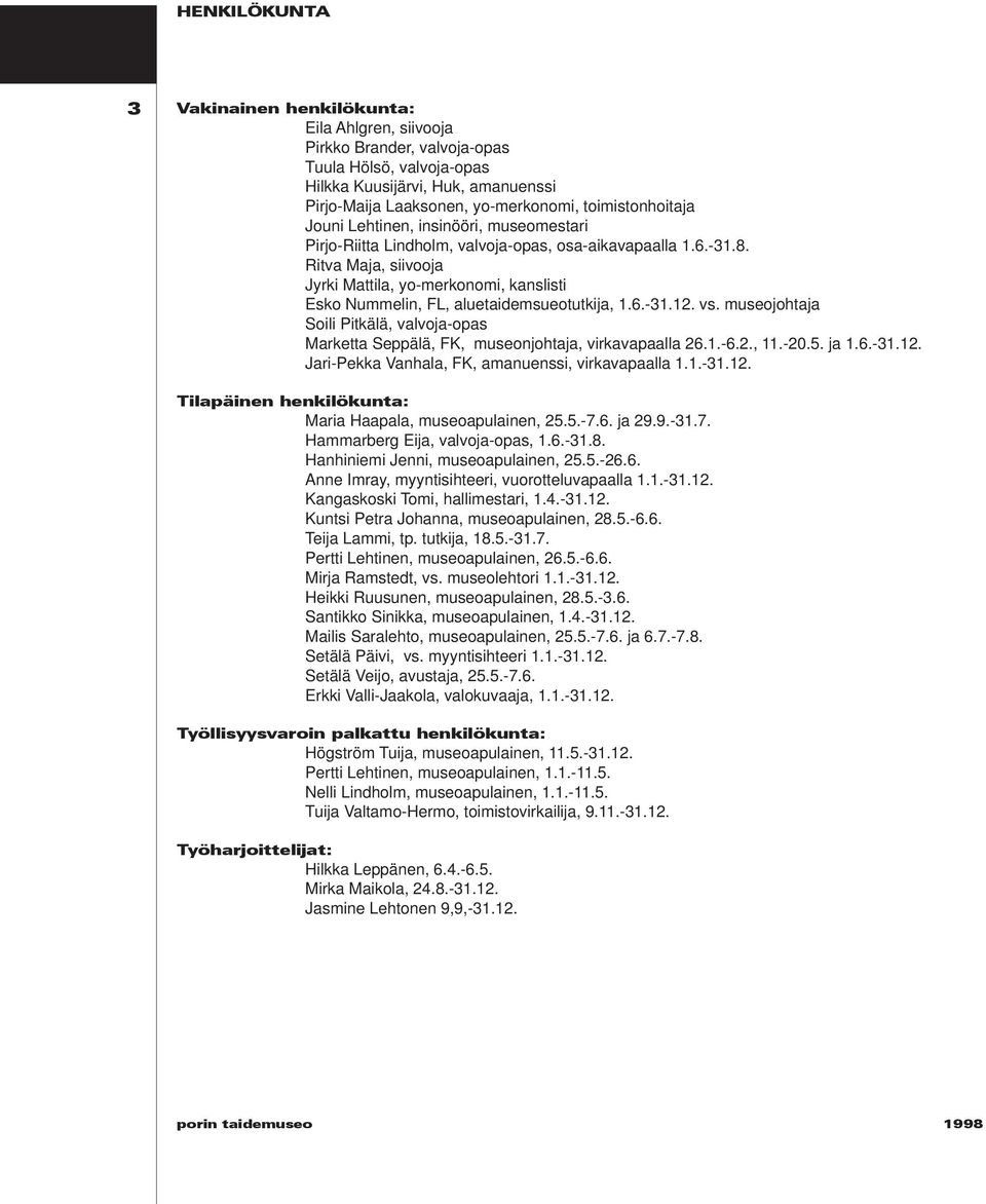 Ritva Maja, siivooja Jyrki Mattila, yo-merkonomi, kanslisti Esko Nummelin, FL, aluetaidemsueotutkija, 1.6.-31.12. vs.