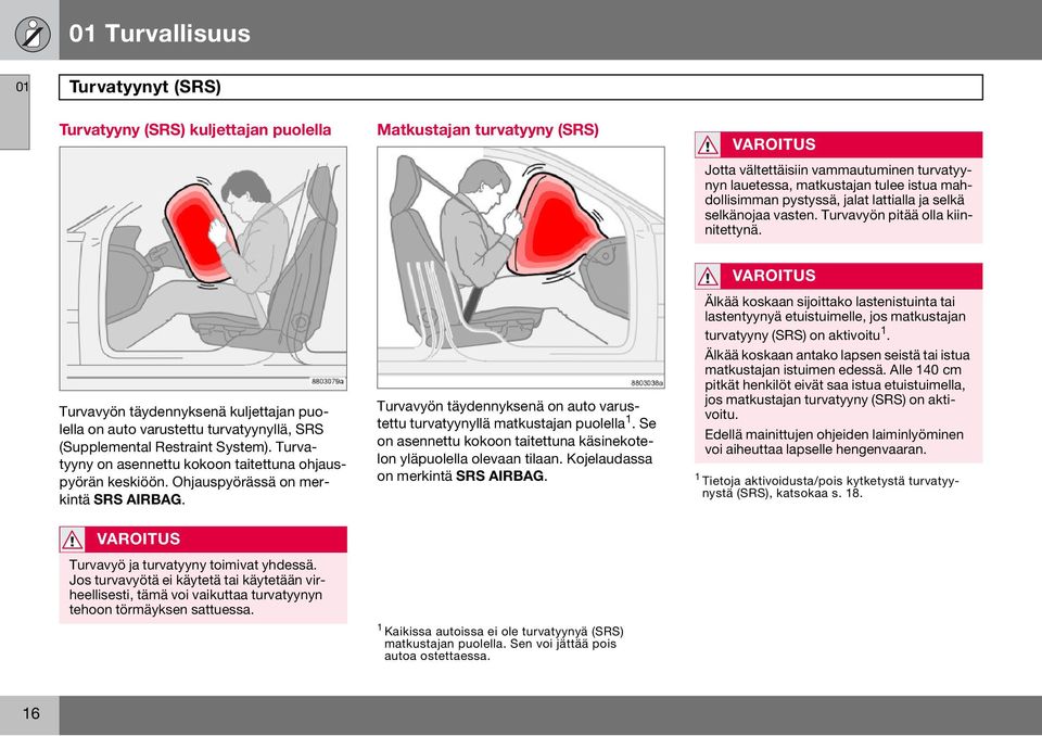 Turvavyön täydennyksenä kuljettajan puolella on auto varustettu turvatyynyllä, SRS (Supplemental Restraint System). Turvatyyny on asennettu kokoon taitettuna ohjauspyörän keskiöön.