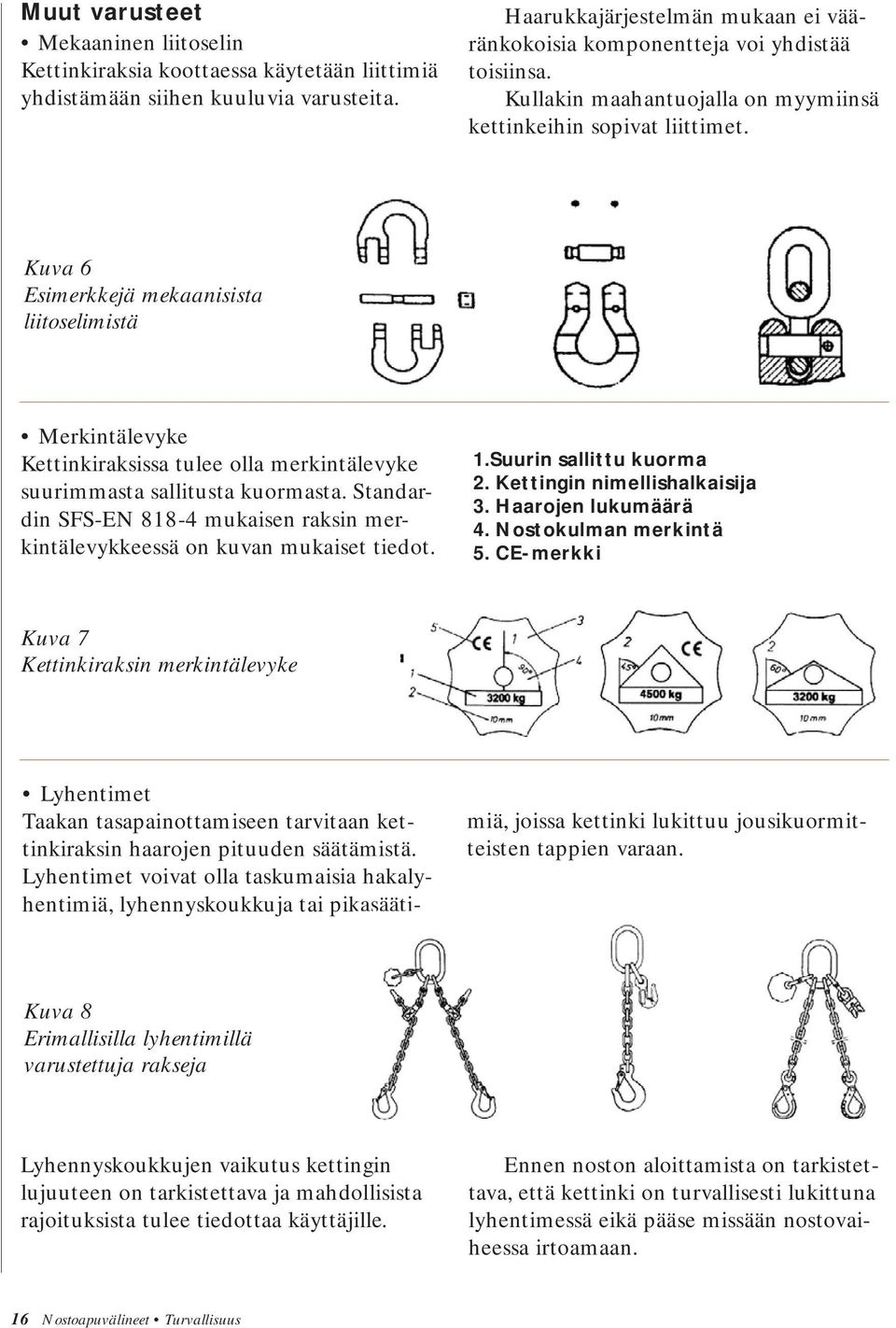 Kuva 6 Esimerkkejä mekaanisista liitoselimistä Merkintälevyke Kettinkiraksissa tulee olla merkintälevyke suurimmasta sallitusta kuormasta.