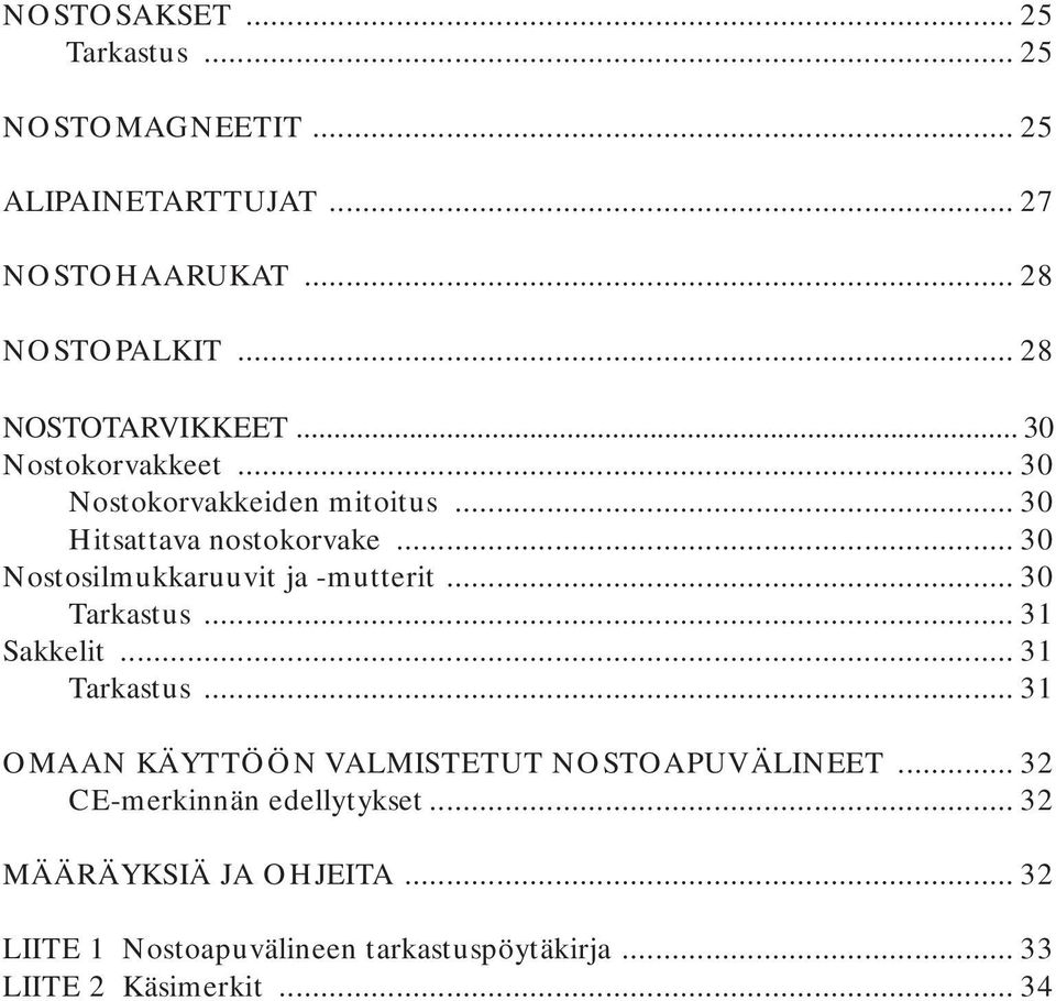 .. 30 Tarkastus... 31 Sakkelit... 31 Tarkastus... 31 OMAAN KÄYTTÖÖN VALMISTETUT NOSTOAPUVÄLINEET... 32 CE-merkinnän edellytykset.