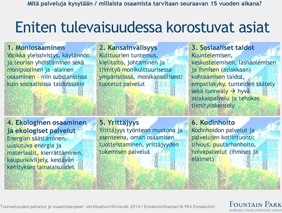 Ekologinen osaaminen ja ekologiset palvelut Energian säästäminen, uusiutuva energia ja materiaalit, kierrättäminen, kaupunkiviljely, kestävän kehityksen lainalaisuudet 2.