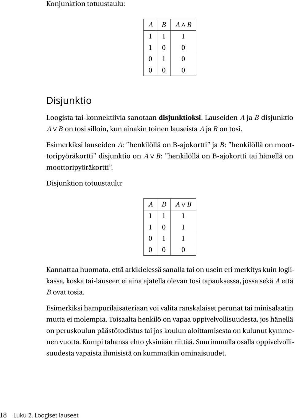 Esimerkiksi lauseiden A: henkilöllä on B-ajokortti ja B: henkilöllä on moottoripyöräkortti disjunktio on A B: henkilöllä on B-ajokortti tai hänellä on moottoripyöräkortti.