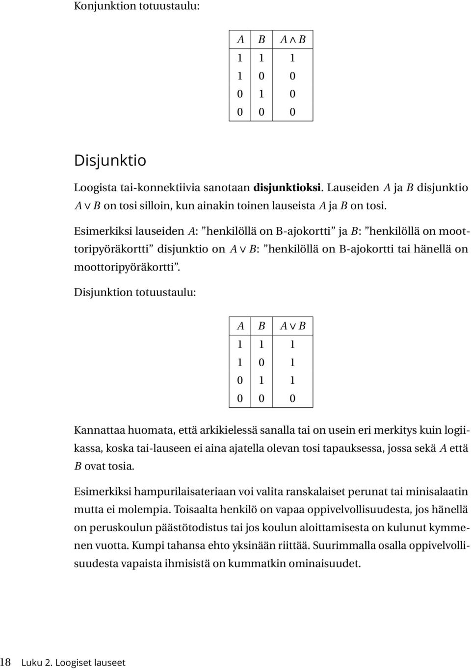 Esimerkiksi lauseiden A: henkilöllä on B-ajokortti ja B: henkilöllä on moottoripyöräkortti disjunktio on A B: henkilöllä on B-ajokortti tai hänellä on moottoripyöräkortti.