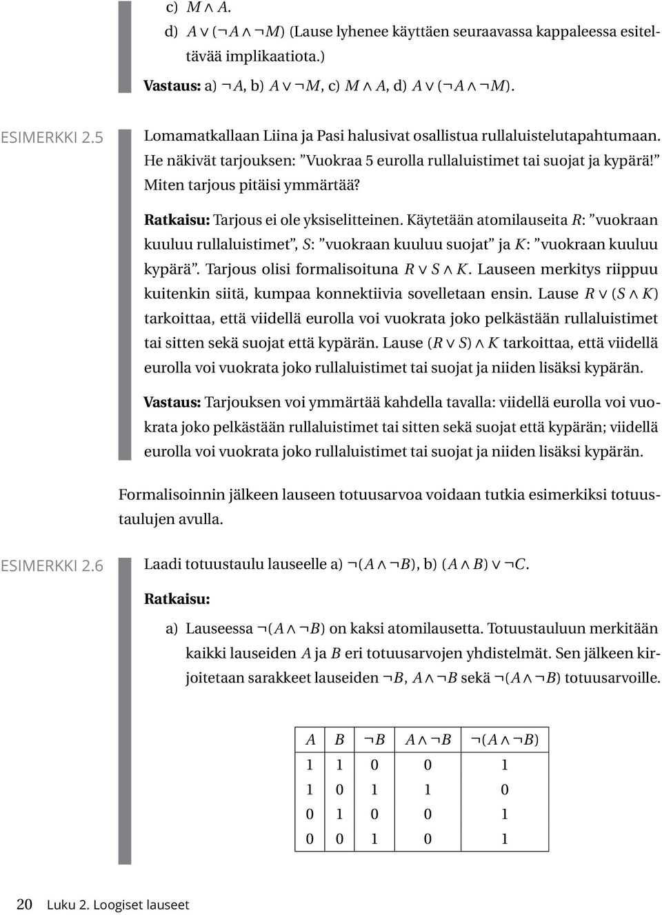 Ratkaisu: Tarjous ei ole yksiselitteinen. Käytetään atomilauseita R: vuokraan kuuluu rullaluistimet, S: vuokraan kuuluu suojat ja K : vuokraan kuuluu kypärä. Tarjous olisi formalisoituna R S K.