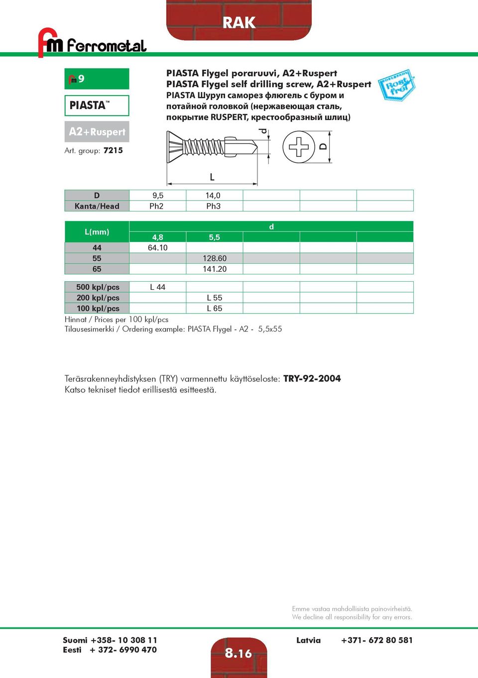 сталь, покрытие RUSPERT, крестообразный шлиц) D D 9,5 14,0 Kanta/Hea Ph2 Ph3 (mm) 4,8 5,5 44 64.10 55 128.60 65 141.