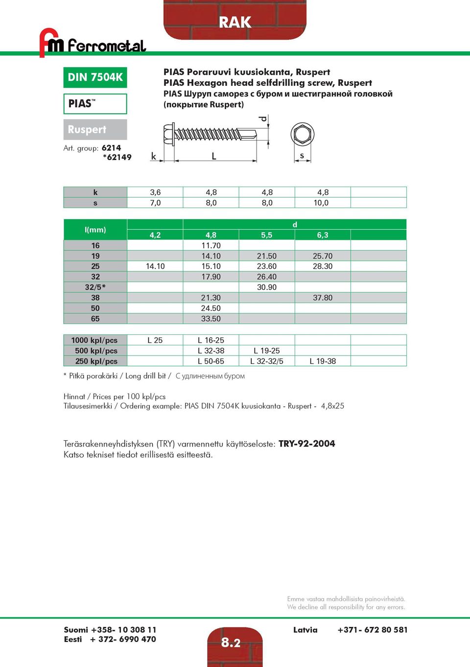 50 1000 kpl/pcs 25 16-25 500 kpl/pcs 32-38 19-25 250 kpl/pcs 50-65 32-32/5 19-38 * Pitkä porakärki / ong rill bit / С удлиненным буром Tilausesimerkki / Orering example: PIAS DIN 7504K kuusiokanta -