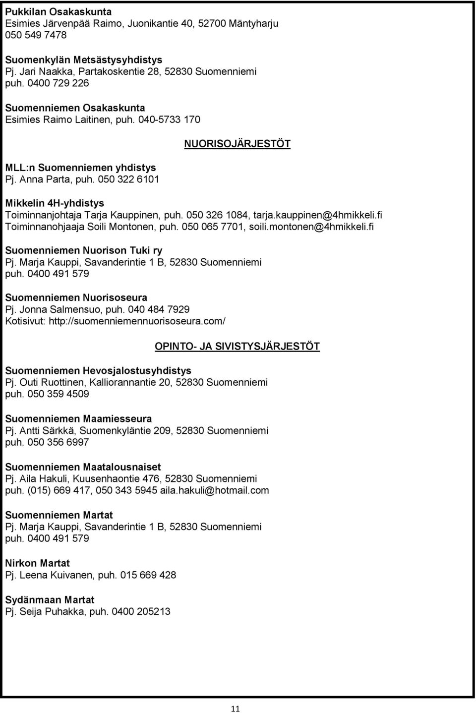 050 322 6101 NUORISOJÄRJESTÖT Mikkelin 4H-yhdistys Toiminnanjohtaja Tarja Kauppinen, puh. 050 326 1084, tarja.kauppinen@4hmikkeli.fi Toiminnanohjaaja Soili Montonen, puh. 050 065 7701, soili.